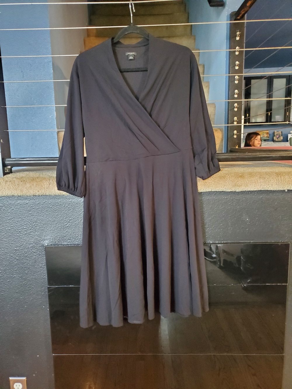 Ann Taylor Charcoal Wrap-Style Midi Dress with Three-Quarter Sleeves